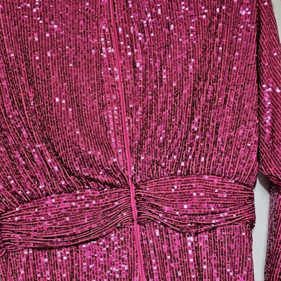 Eliza J Cocktail Dress Size 12 Pink Sequined Long Sleeve Draped Shoulder Pad NWT - Picture 7 of 10